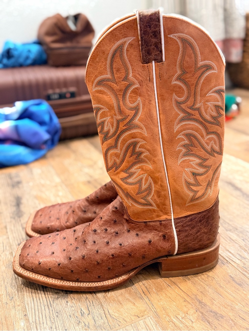 Justin Boots Brown Ostrich & Tan Embroidered Western Boots